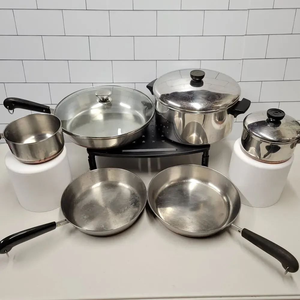 Vintage Revere Ware Copper Clad Stainless Steel Cookware Pots Pans 8 Piece Lot